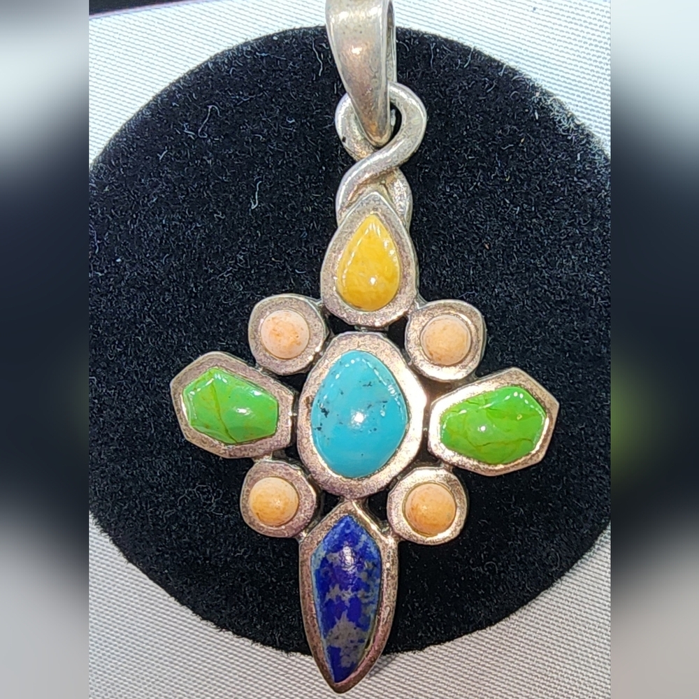 Barse Signed, Sterling Silver multi-gemstone cross pendant